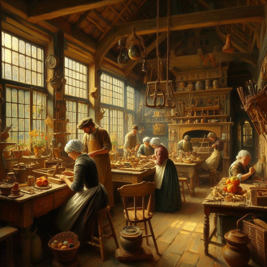 painting, genre scene, artisans at work, many details, natural light, Dutch domestic interiors, wide frame, feeling of intima